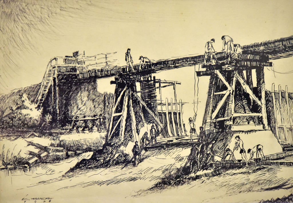 Wiederaufbau der 1945 gesprengten Brücke über die Mulde: Diese Zeichnung fertigte der Künstler im Juni 1948 an.