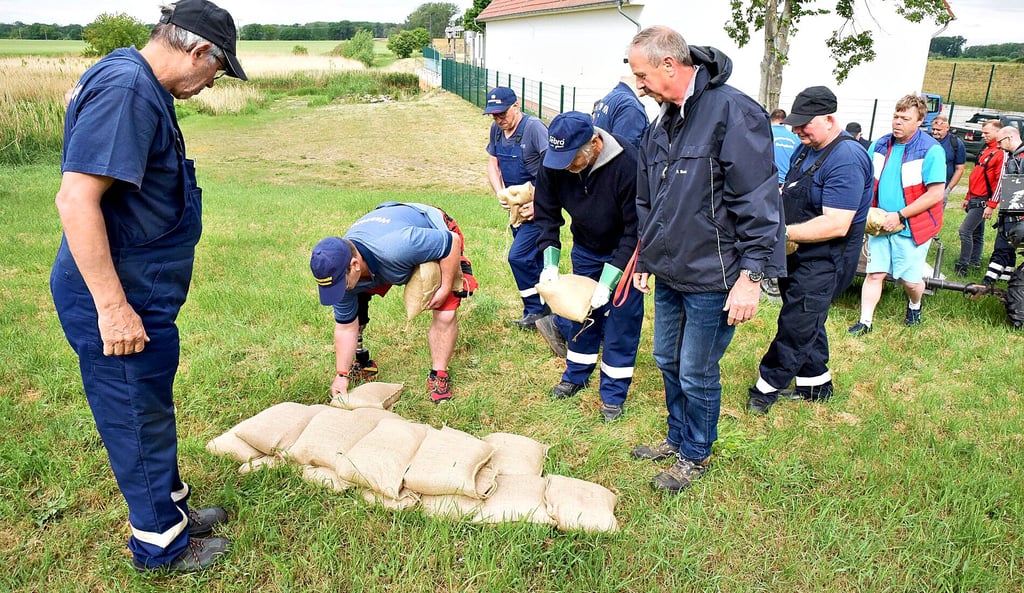Hier wird der Deich aufgekadet, also mit mehreren Lagen Sandsäcken erhöht. Hilfestellung leistet Peter Butz (2.v.r), der beim Landesbetrieb für Hochwasserschutz für den Schöpfwerk-Betrieb zuständig ist.