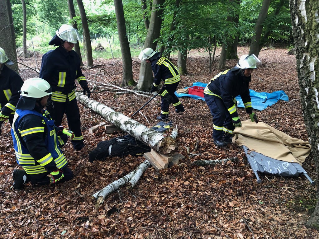Ein Waldarbeiter hat sich beim Fällen eines Baumes verletzt und muss unter einem umgestürzten Stamm hervorgeholt werden. Die angehenden Feuerwehrkameraden absolvieren diese Prüfung zum Abschluss der Grundausbildung mit Bravour.