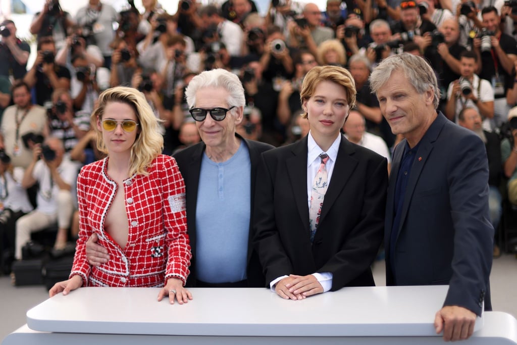Kristen Stewart (l-r), Regisseur David Cronenberg, Lea Seydoux und Viggo Mortensen stellten ihren Film "Crimes of the Future" in Cannes vor.