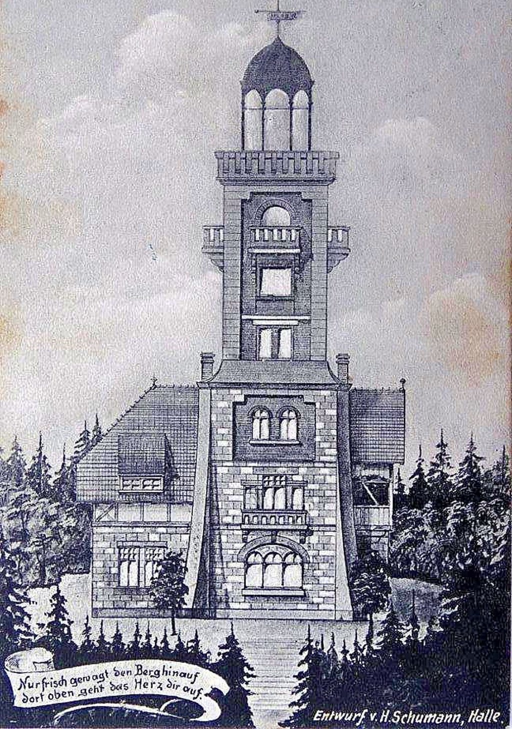 Diese Postkarte zeigt den Aussichtsturm auf der „Schönen Aussicht“ um 1920 bei Bad Schmiedeberg.
