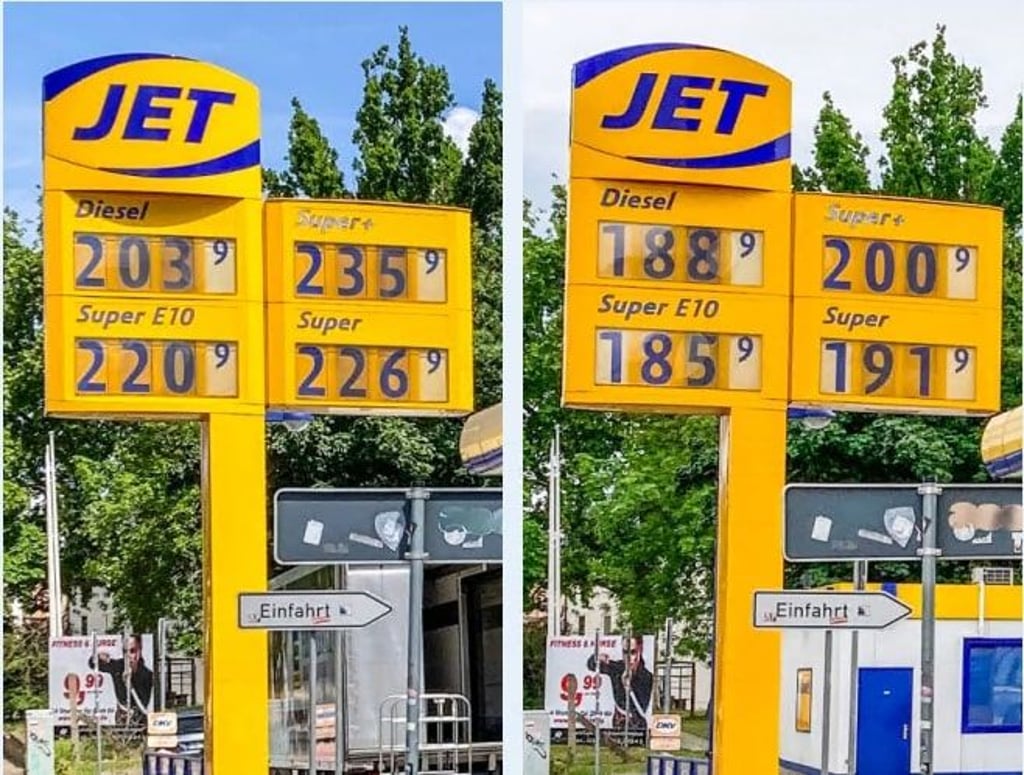 Vorher-Nachher-Vergleich an einer Jet-Tankstelle in Halle: Von Dienstag (links) auf Mittwoch (rechts) fielen die Sprit-Preise deutlich.