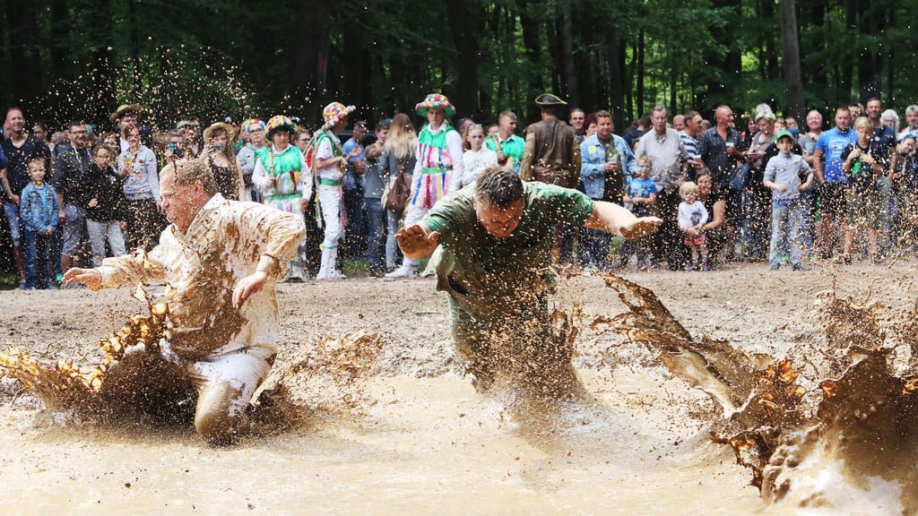Die "Dreckschweine" suhlen sich in der Schlammkuhle.