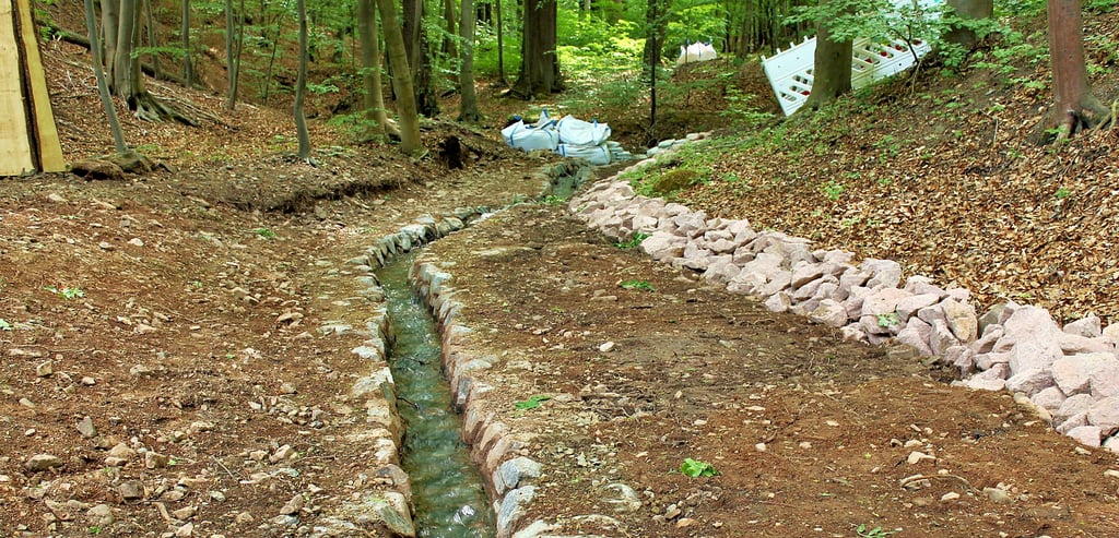 Dieser Bachlauf ist für die ökologische Durchlässigkeit des Suenbachs in Ilsenburg gedacht. Gegen Hochwasser schützt er nicht.