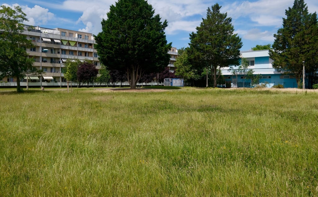 Blick auf das islamische Kulturzentrum in Neustadt und die Wiese davor. Dort soll der Neubau entstehen.