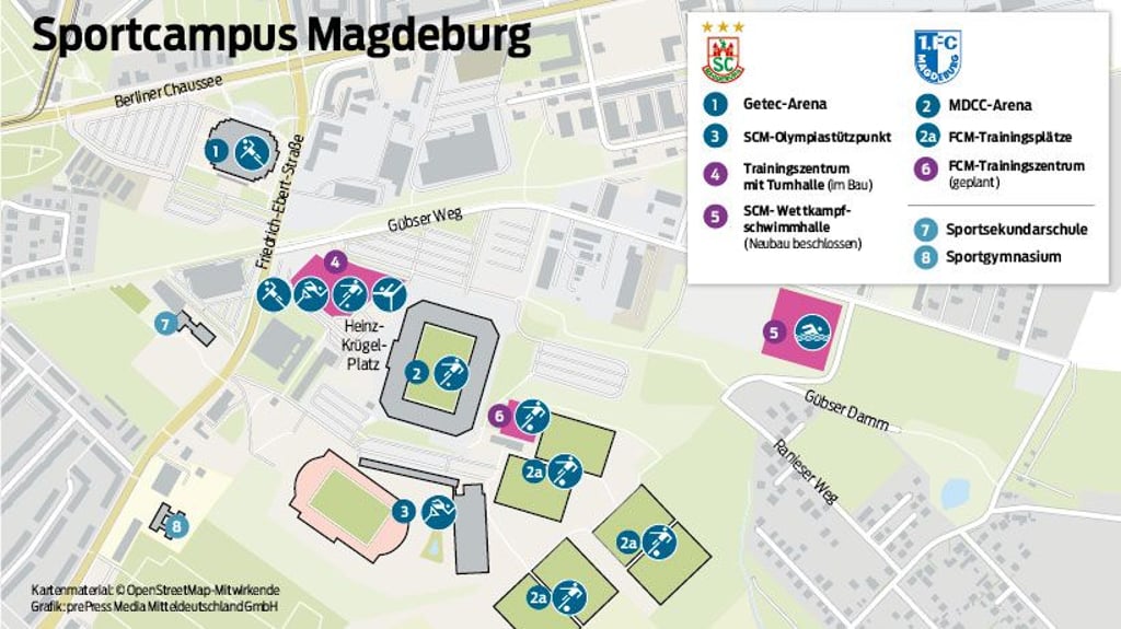 Bestehende und geplante Anlagen auf dem Sportcampus in Magdeburg.
