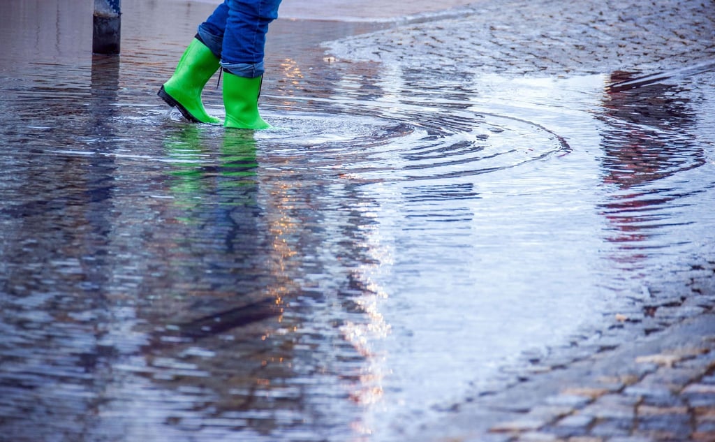 Am Montag werden in Sachsen-Anhalt vereinzelt Schauer und Gewitter erwartet.ARCHIV - Mit Gummistiefeln geht eine Frau über eine leicht überflutete Straße.
