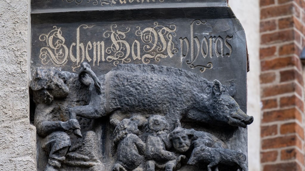 Eine als "Judensau" bezeichnete Schmähplastik ist an der Stadtkirche Wittenberg zu sehen. Foto: