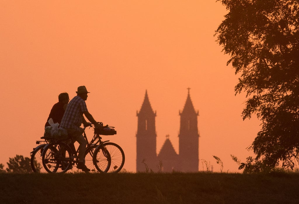 Ein älteres Ehepaar fährt mit dem Fahrrad vor der Silhouette des Magdeburger Doms über den Elbdeich. Nach dem Willen von 8000 Unterzeichnern eines Radentscheids und einer Ratsmehrheit soll Magdeburg fahrradfreundlicher werden.