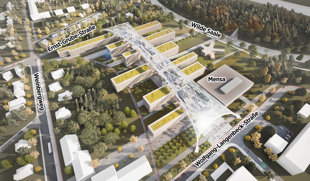 Vision für Zukunftsprojekt: Der Siegerentwurf eines Studentischen Ideenwettbewerbs 2021 von Alexanders Zemtsov für das geplante Theoretikum im Technologiepark Weinberg Campus. Nun läuft ein Städtebau- und Architekturwettbewerb für das Vorhaben an, das die Universitätsmedizin Halle verwirklichen will. 