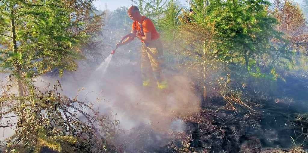 Markus Sonnberger von der Freiwilligen Feuerwehr Heimburg im Löscheinsatz im Trecktal. Seit Sonntag gilt im Harzkreis die höchste Waldbrandwarnstufe 5.