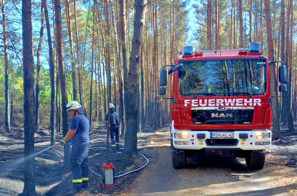 Die Feuerwehrleute aus Mansfeld-Südharz löschen Glutnester bei Beelitz.