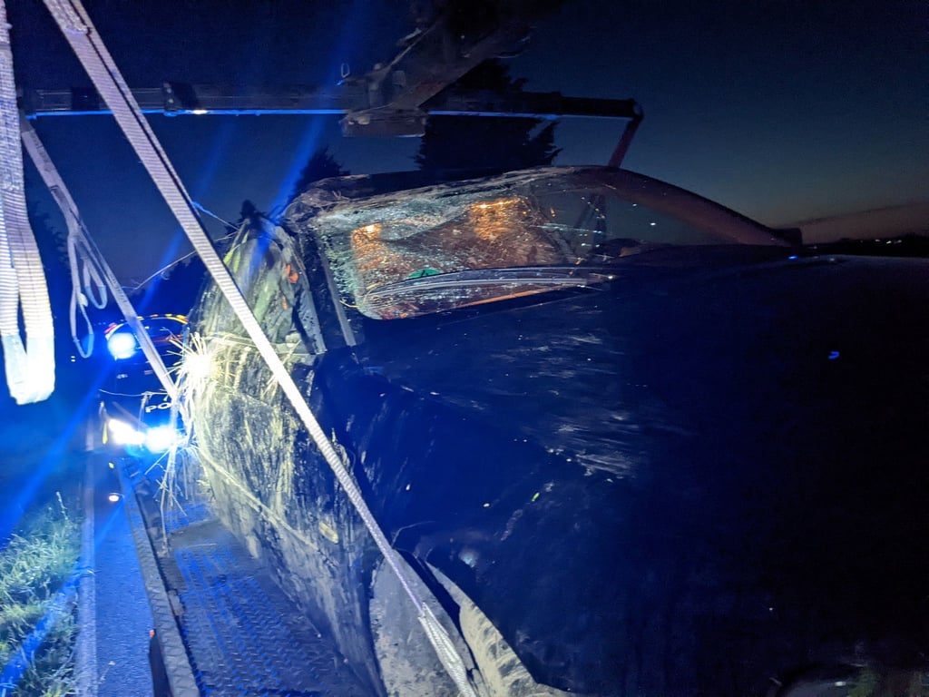 Auf dem angrenzenden Acker überschlug sich das Fahrzeug. Der Mann und das Reh blieben unverletzt.