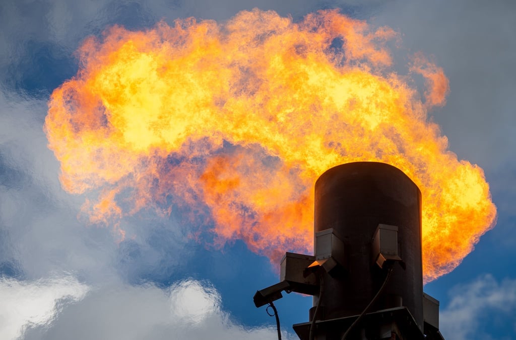 Gas wird an einer mobilen Fackelanlage an der Station des Fernleitungsnetzbetreibers Ontras Gastransport in Apollensdorf in Sachsen-Anhalt abgebrannt.