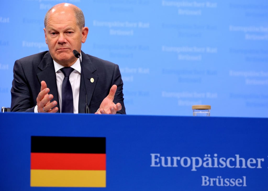 Bundeskanzler Olaf Scholz während einer Pressekonferenz.
