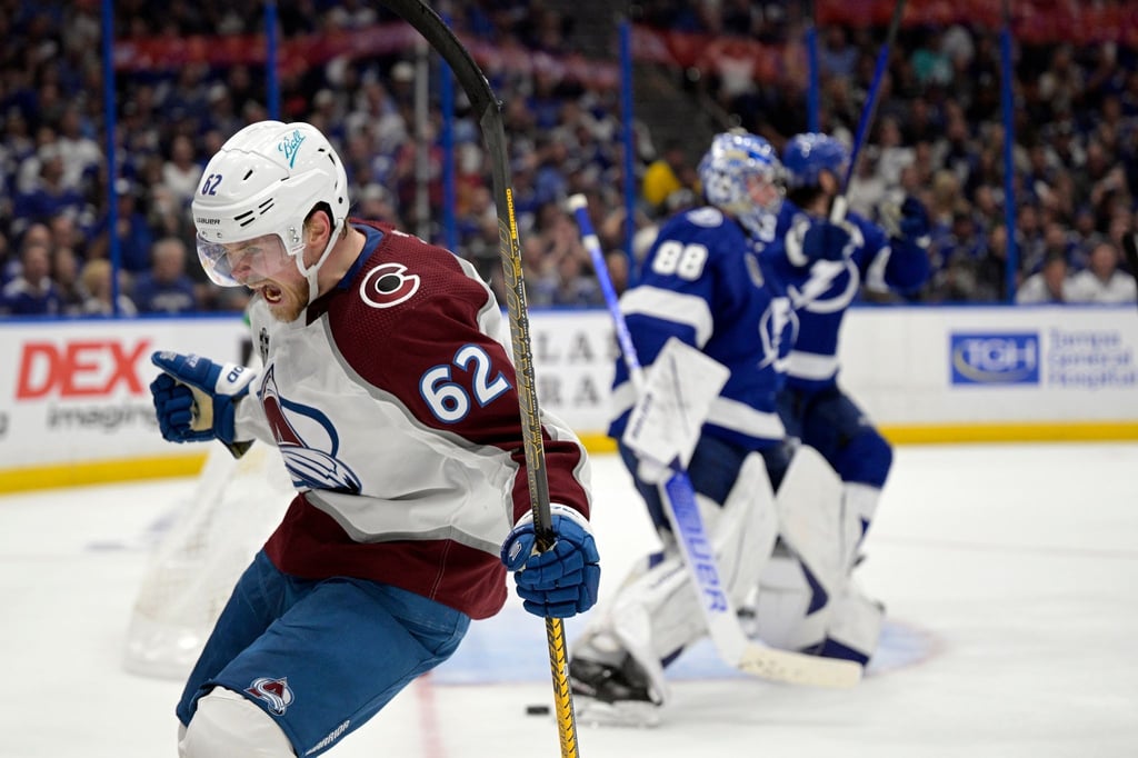 Der linke Flügel der Colorado Avalanche, Artturi Lehkonen, freut sich über seinen Treffer.