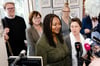 Die Spitzen-Grünen Lasse Petersdotter (l-r), Eka von Kalben, Aminata Touré, Ann-Kathrin Tranziska und Monika Heinold stehen in Kiel vor Journalisten.