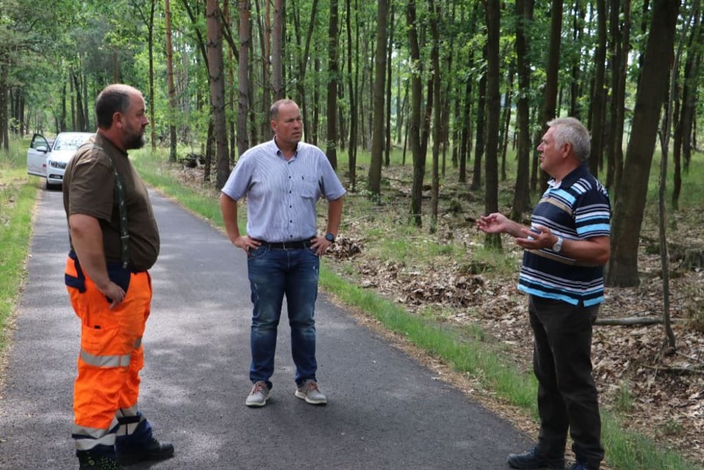 Hartmut Meyer (rechts) vom Amt für Landwirtschaft, Flurneuordnung und Forsten Anhalt lässt sich von Daniel Lehmann und Steffen Zaydler (links) über das große Schädlingsaufkommen im Stadtgebiet von Jessen informieren.