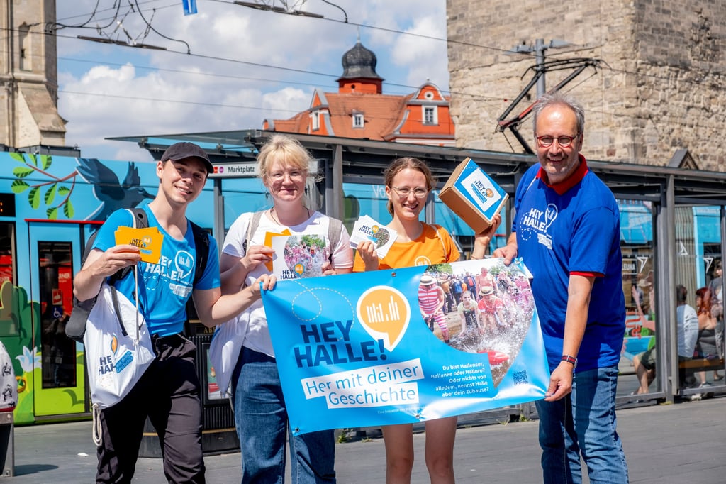 Projekt Hey Halle (v.l.): Felix Leitmeyer, Mariia Bolshakova, Carla Moritz und MZ_Chefredakteur Marc Rath