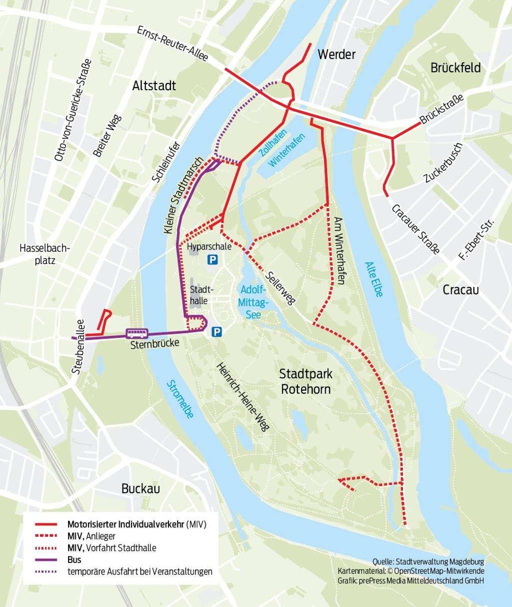 Auszug aus dem Erschließungs- und Stellplatzkonzept für den Magdeburger Stadtpark Rotehorn nach Fertigstellung des neuen Strombrückenzuges.