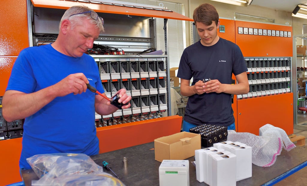 Ronny Hertig (links) und Adrian Kraus arbeiten in der Produktion bei Driescher Eisleben. Die Firma fertigt Schaltgeräte und -anlagen.