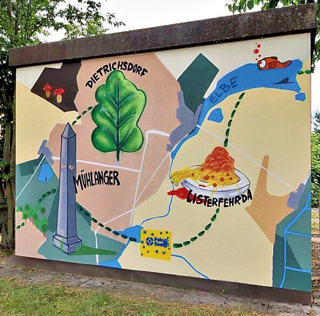 So sieht eine Wand des Trafohauses hinter der Postsäule aus.