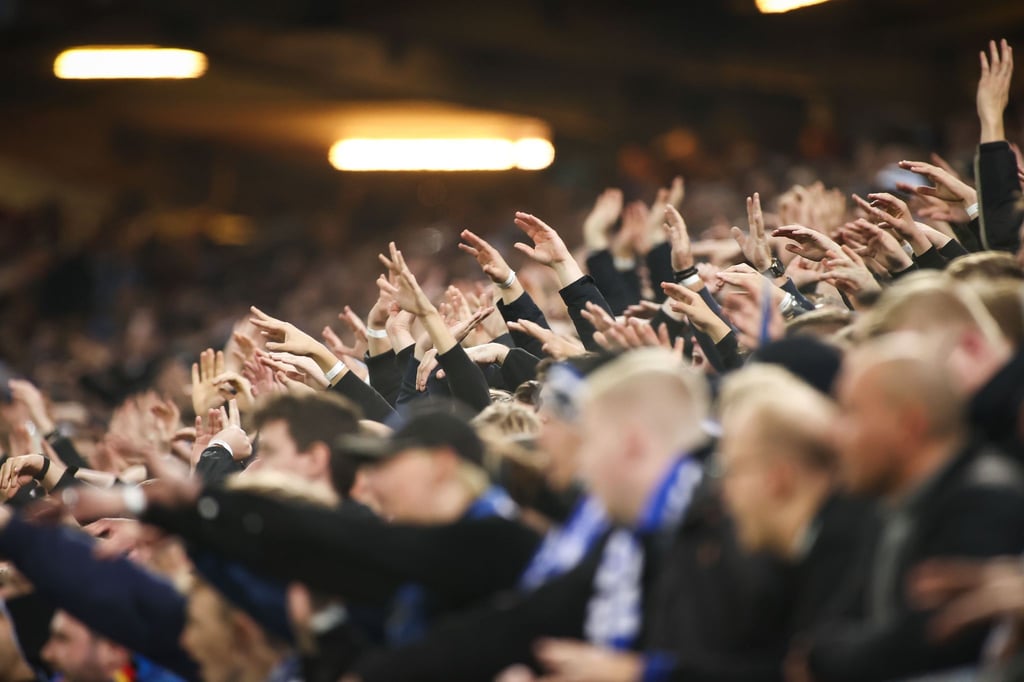 Fußballfans jubeln im Stadion.
