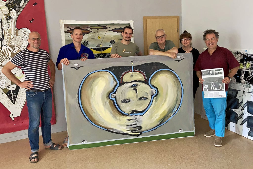 Sie eröffnen die Ausstellung: Jörg Amsler, Aleksandar Todorović, Friedrich Hensen, Alexander Kosyak, Olga Ponomareva und Beat Toniolo (v.l.n.r.).