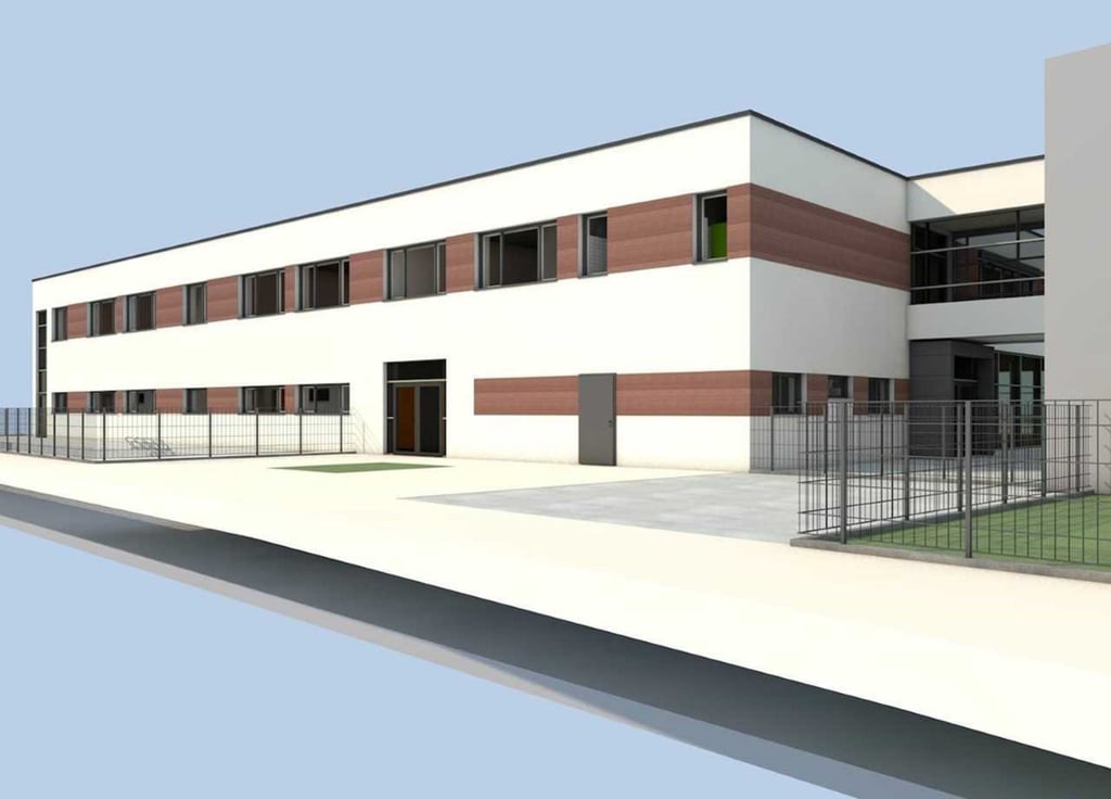 So wird der Neubau an der Sekundarschule Möser von der Thälmannstraße aus aussehen.