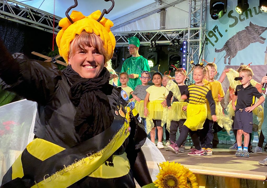 Noch eine Reminiszenz an den Schweinitzer Heimatabend vom Mittwoch: Peggy Knöffel kommt hier eher als Biene Maja denn als 1. Gorsdorfer Bienenkönigin.