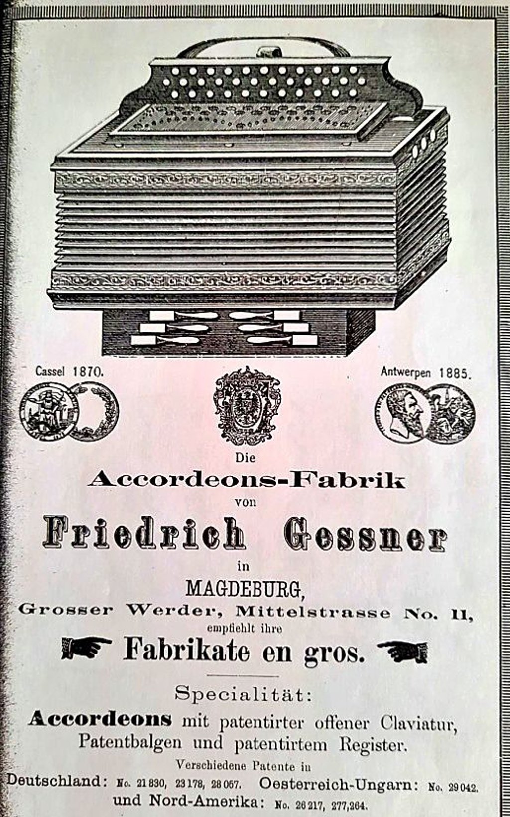 Eine Werbeung der Instrumentenbau-Firma Gessner.
