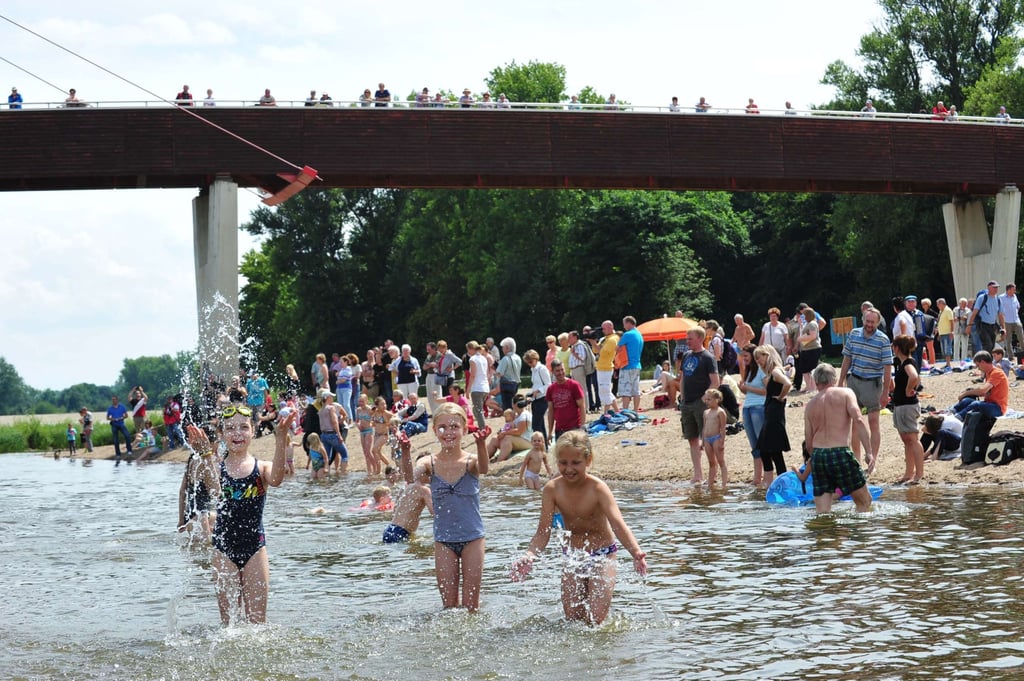 Impression vom Elbebadetag 2015 am Cracauer Wasserfall in Magdeburg. Aktuell bleibt Baden in der Elbe in Magdeburg verboten.