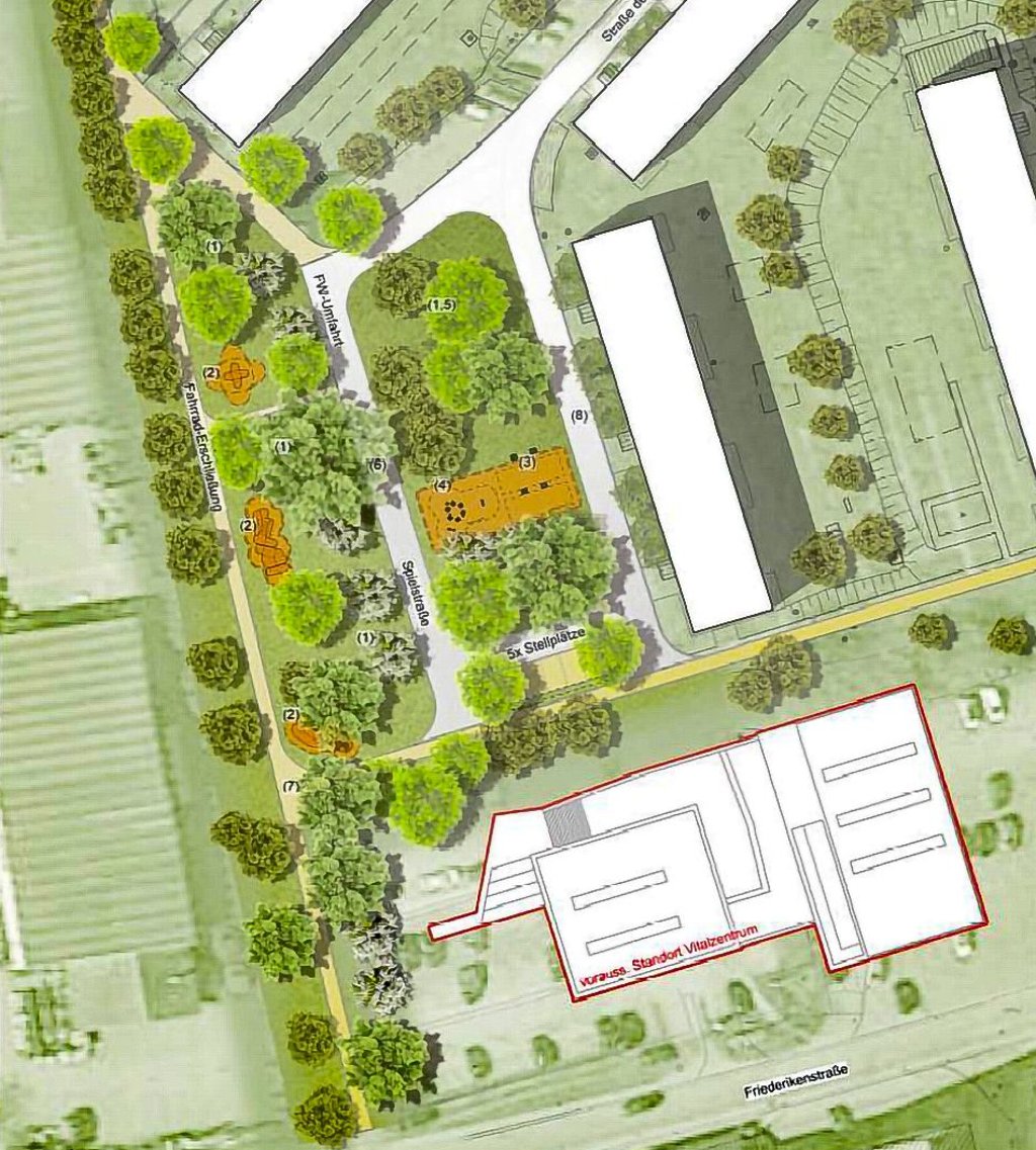 Wo der Plattenbau stand, soll ein Park entstehen. Ein Radweg wird Feld- und Friederikenstraße verbinden. Und neben dem Vitalzentrum wird dann auch der Kilimaparkplatz mit 400 Stellflächen gebaut.