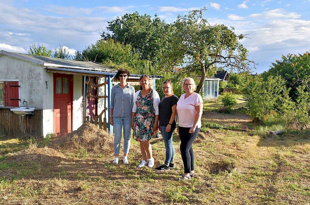 Aus dieser und der dahinter liegenden Parzelle will die IB Mitte gGmbH für Bildung und soziale Dienste wieder ein Schmuckstück machen. Unterstützung fanden Meike Seemann, Julia Hänsch (v.r.) sowie Katrin Abendroth (l.) bei der Vorsitzenden des Kleingartenvereins „Frohsinn“, Annett Rabassi (2.v.l.).