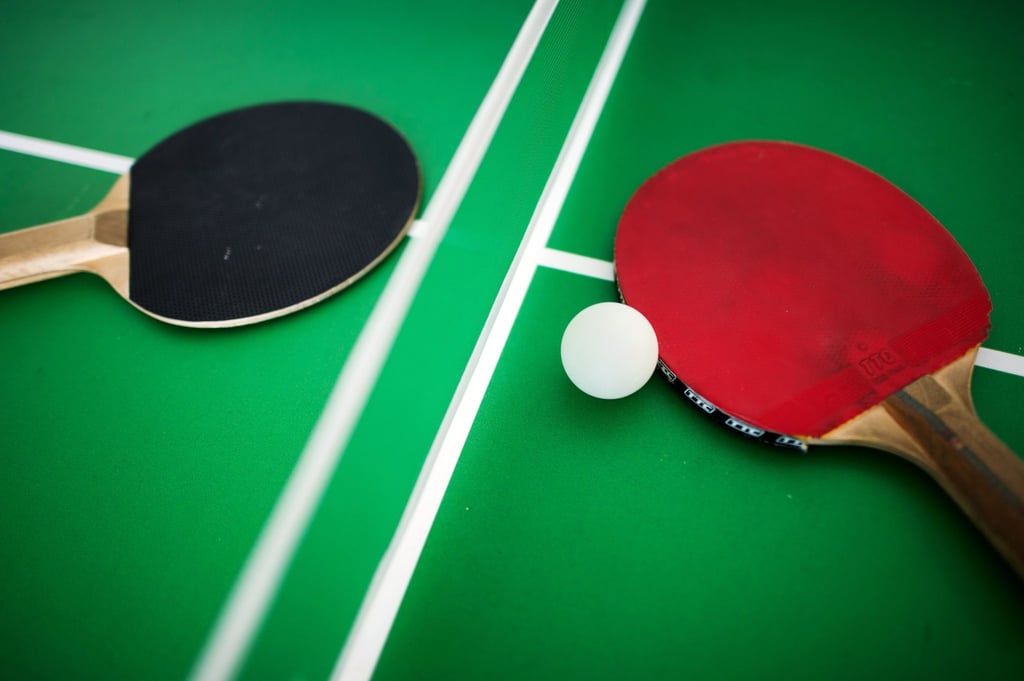 Zwei Tischtennisschläger liegen auf einer Platte.