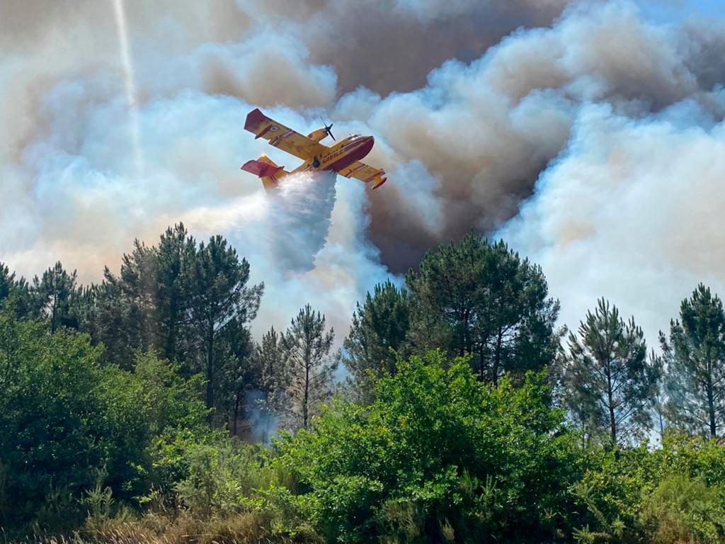 Ein Canadair-Löschflugzeug ist nahe La Teste-de-Buch im Südwesten Frankreichs im Einsatz.