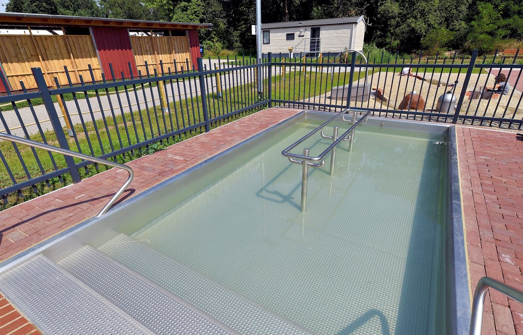 Die Nutzung der Kneippanlage Aken durch Kinder und Hunde hat Spuren hinterlassen. Das Wasser wirkt deutlich trüber.