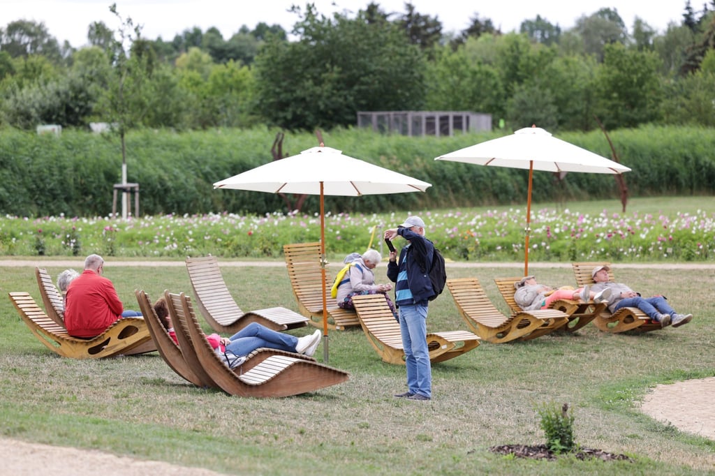Besucher entspannen sich auf Liegestühlen der Landesgartenschau.