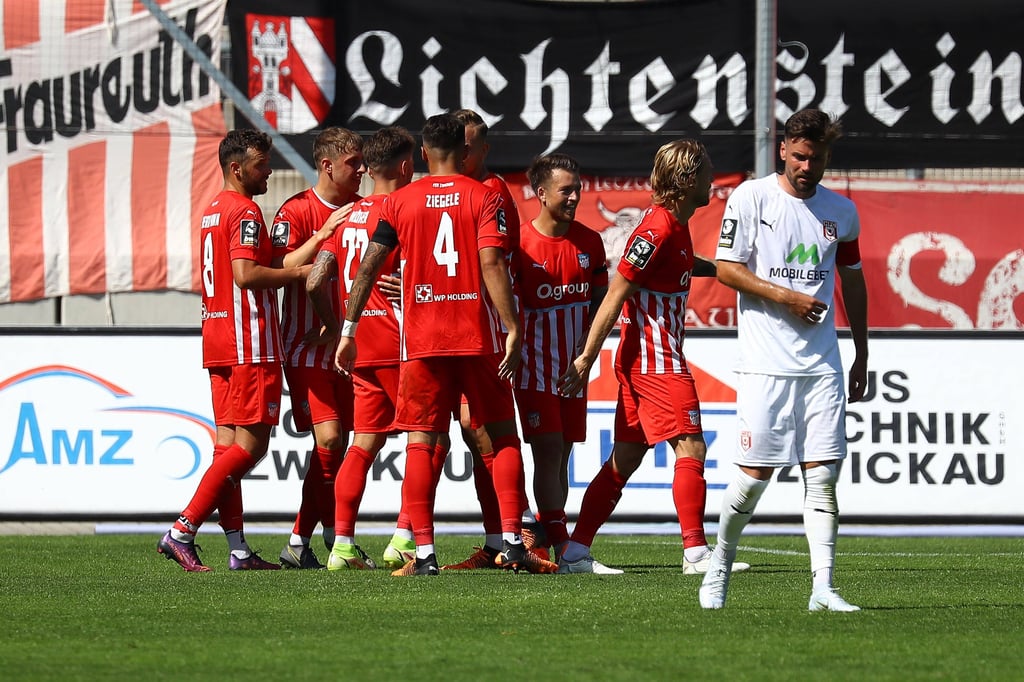Der FSV Zwickau jubelt, Halles Niklas Kreuzer (r.) ist enttäuscht.