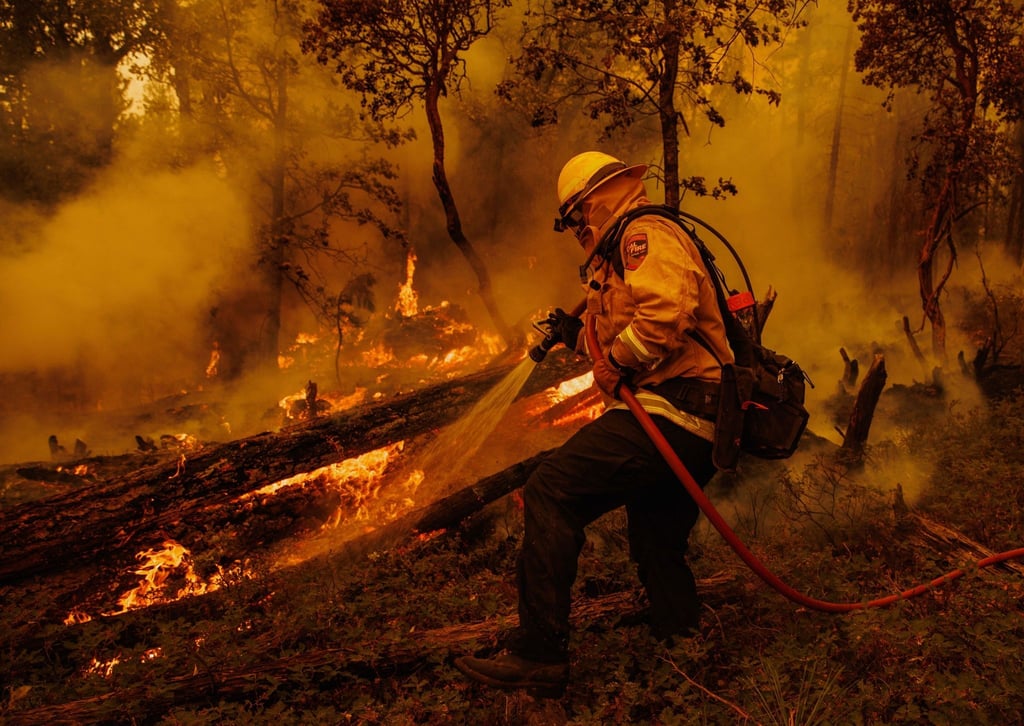 Ein Feuerwehrmann kämpft gegen die Flammen des Oak Fire in Mariposa County.