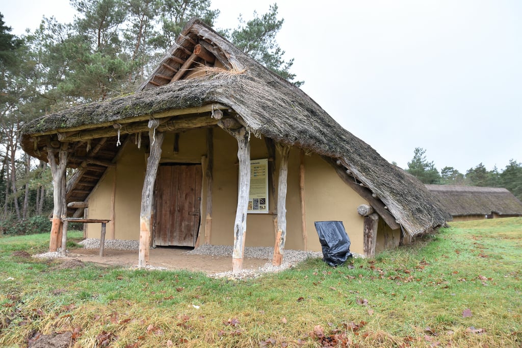 Das Steinzeitdorf zeigt Nachbauten von Wohnhäusern aus der Linienbandkeramik-Kultur und der Schönfelder Kultur.