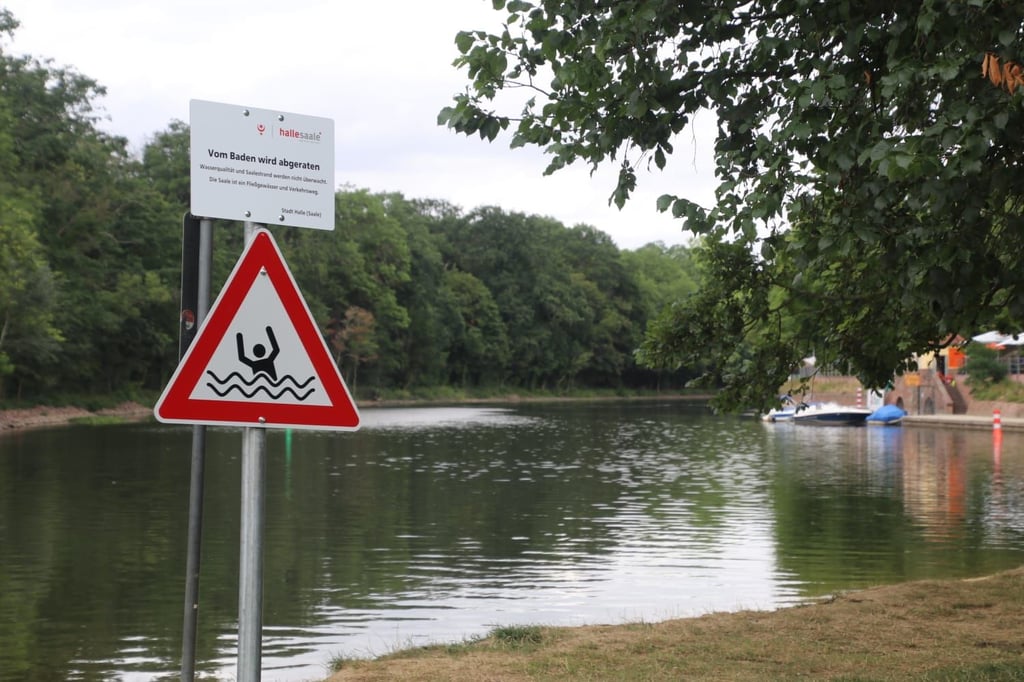 Neues Hinweisschild am Saalestrand