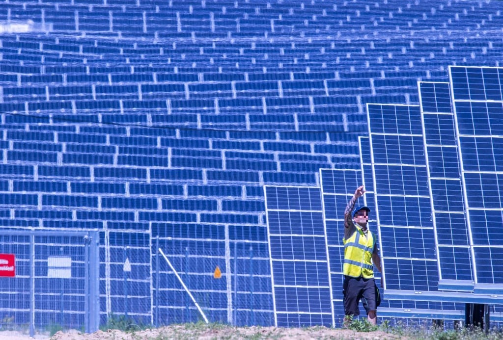 Ein Monteur prüft in eine mSolarpark den Kabelanschluss an einem Solarpanel: Immer öfter werden Bauteile oder Panele aus solchen Parks gestohlen.