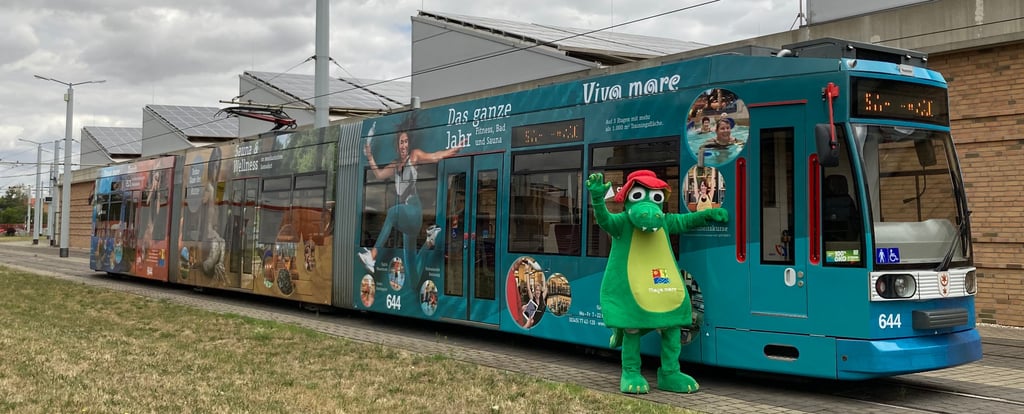 Lädt zum Straßenbahnfahren ein: Auch das Krokodil Mex, Maskottchen des Maya mare, wirbt fürs Freizeitbad.