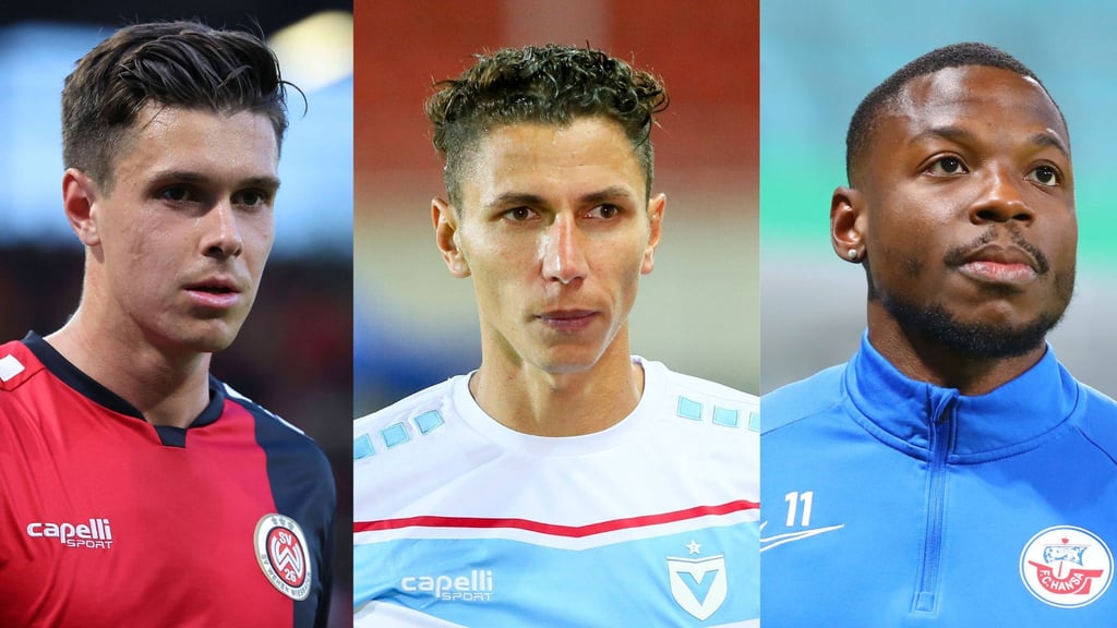 Die Stürmer John Iredale, Soufian Benyamina und Streli Mamba (v.l.n.r.) kennen die 3. Liga.