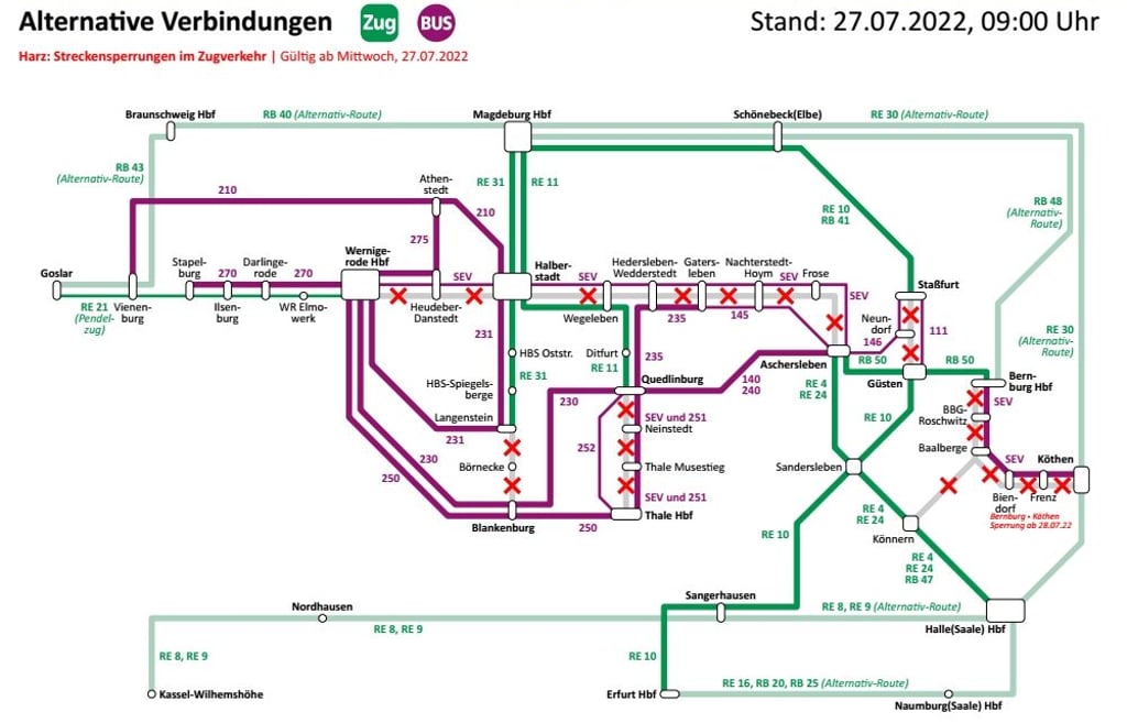 Bei der Fahrplanauskunft „insa“ für den öffentlichen Personennahverkehr sind Alternativrouten für die gestrichenen Bahnverbindungen zu finden.