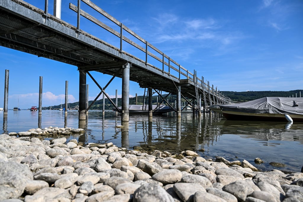 Mehrere Liegeplätze sind im Hafen von Gaienhofen unbesetzt, weil der Bodensee Niedrigwasser hat.