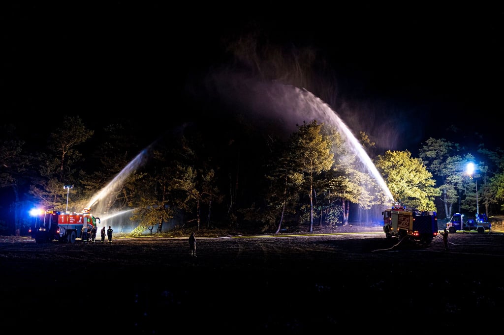 Einsatzkräfte der Feuerwehr bekämpfen mit zwei Flugfeldlöschfahrzeugen einen Waldbrand im Landkreis Helmstedt.