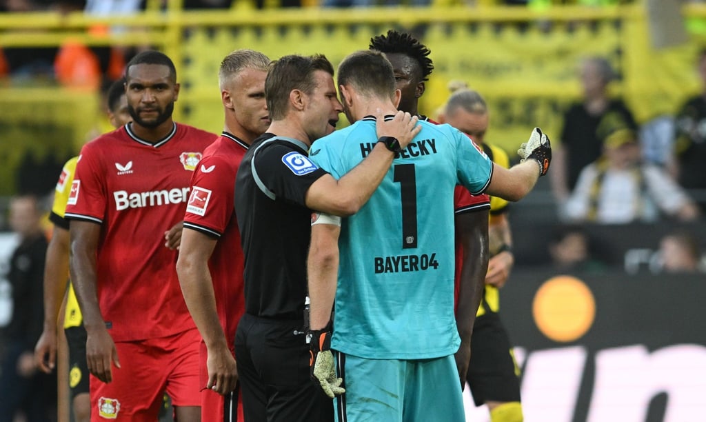 Schiedsrichter Felix Brych (M) verweist Leverkusens Torwart Lukas Hradecky (r/1) des Feldes.