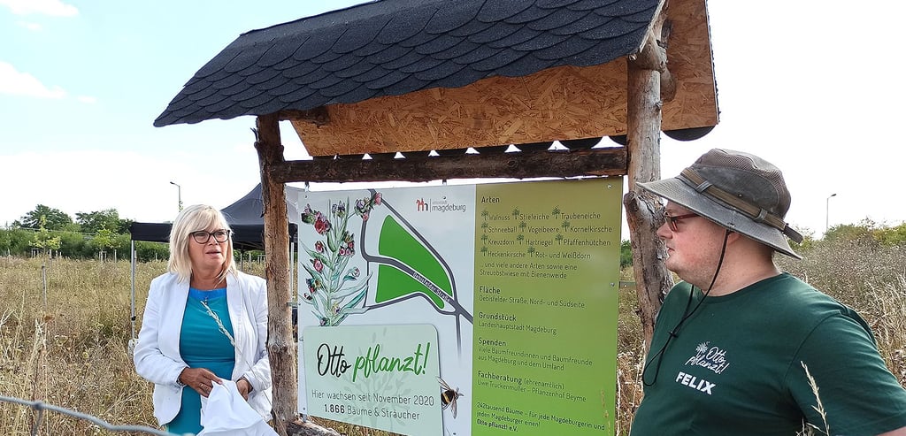 Magdeburgs Oberbürgermeisterin Simone Borris enthüllte gemeinsam mit Felix Bosdorf die Gedenktafel auf der bepflanzten Fläche an der Oebisfelder Straße.